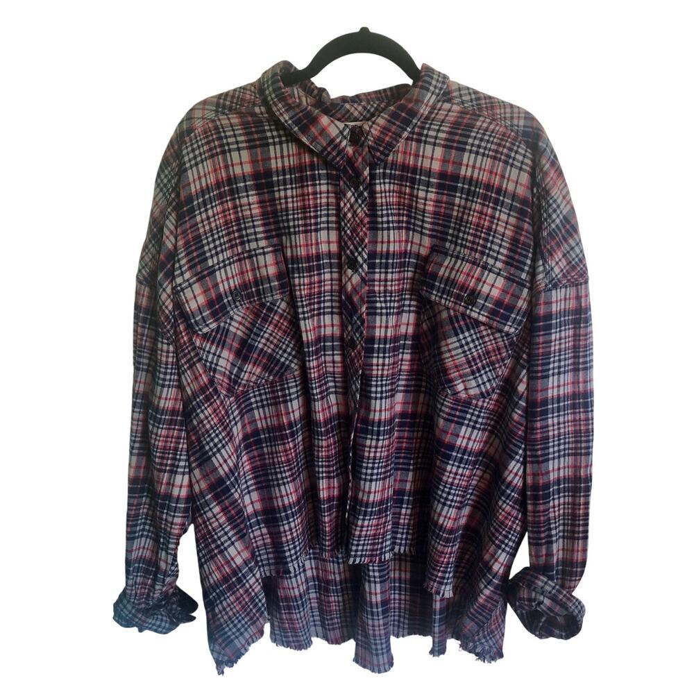 BP. Nordstrom Long Sleeve Raw Edge Plaid Button Down Shirt Gray Blue Red Size 3X